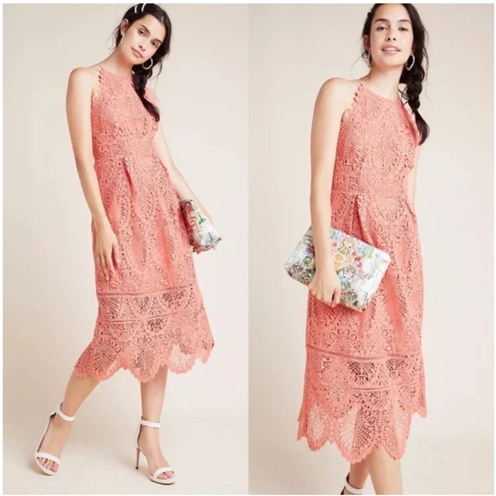Elegant Coral Lace Midi Dress
